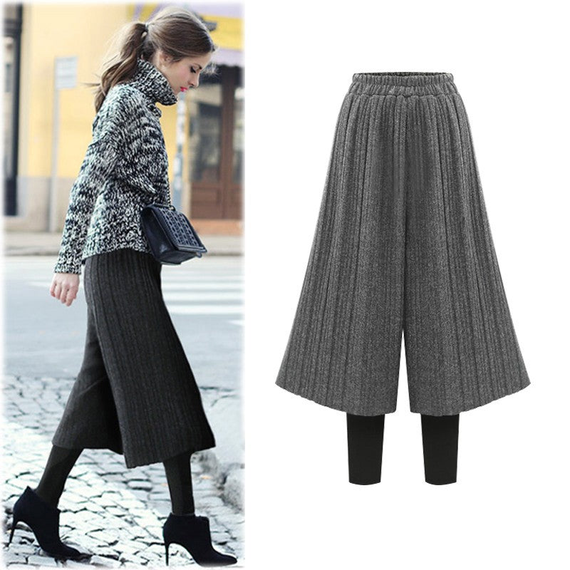 fleece-lined Thickened Leggings Women's Fake Two-piece Wide-leg Pants Winter New Korean-style Loose plus size Pants All-match Outer Wear