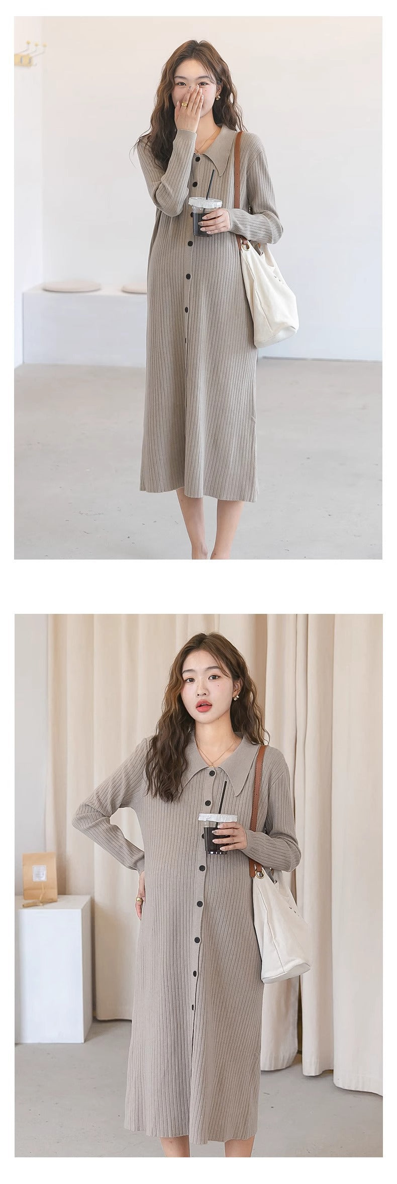 Pregnant women autumn dress 2024 new fashion French sweet doll collar knitted dress