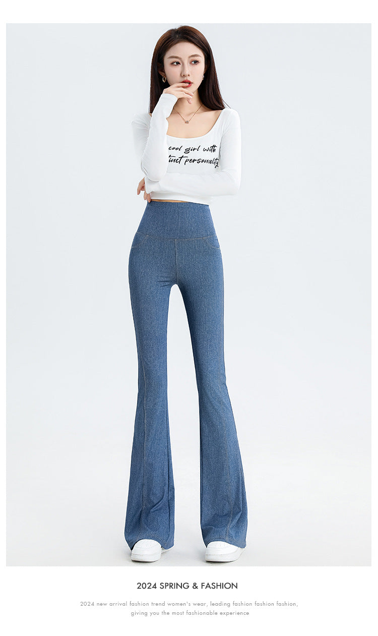 2024 New Imitation Denim Shark Pants Women's Outerwear Leggings Slightly Flared Pants Tummy Control Flared Pants Thin Yoga Pants