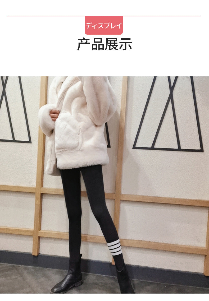 Tb New Autumn and Winter Terry Leggings for Women to Wear as Outerwear, Thin, Faded, Butt-Lifting, Four-Stripes Knitted Elastic Tight-Fitting Pants