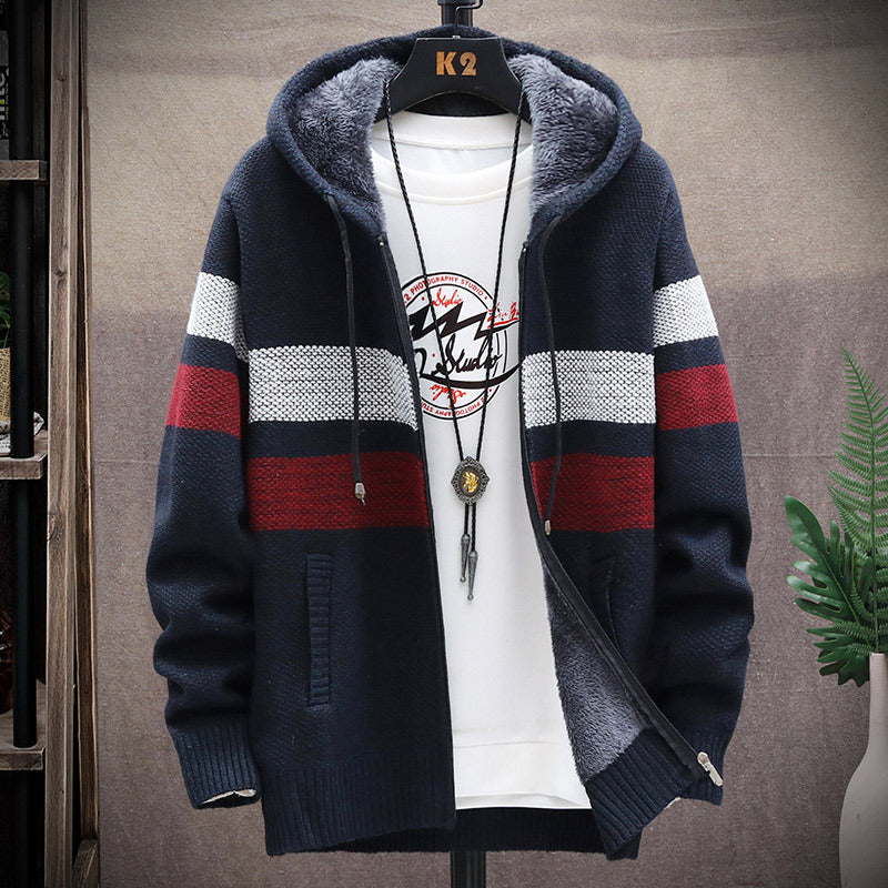 2026 Autumn and Winter New Men's Simple Knit Jacket European and American Style Solid Color Loose Fleece Hooded Cardigan Men's Fashion
