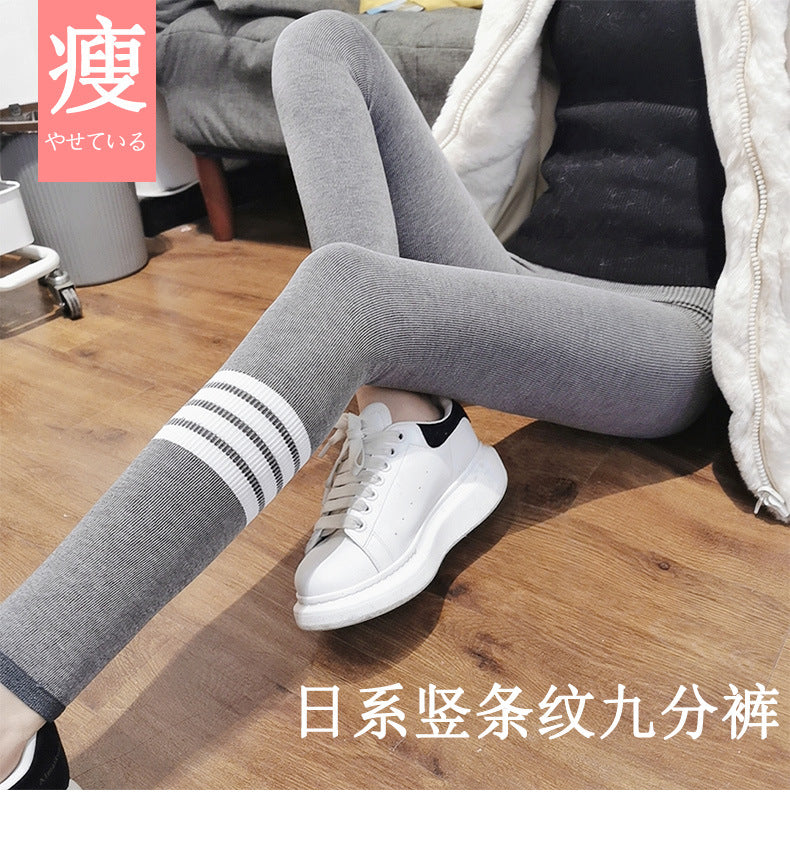 Tb New Autumn and Winter Terry Leggings for Women to Wear as Outerwear, Thin, Faded, Butt-Lifting, Four-Stripes Knitted Elastic Tight-Fitting Pants