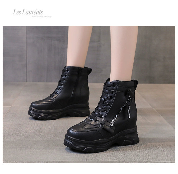 2025 Autumn High Platform Boots 8CM High Heels Women Thick Sole Ankle Shoes Leather Wedge Sneakers Keep Warm Winter Plush Boots