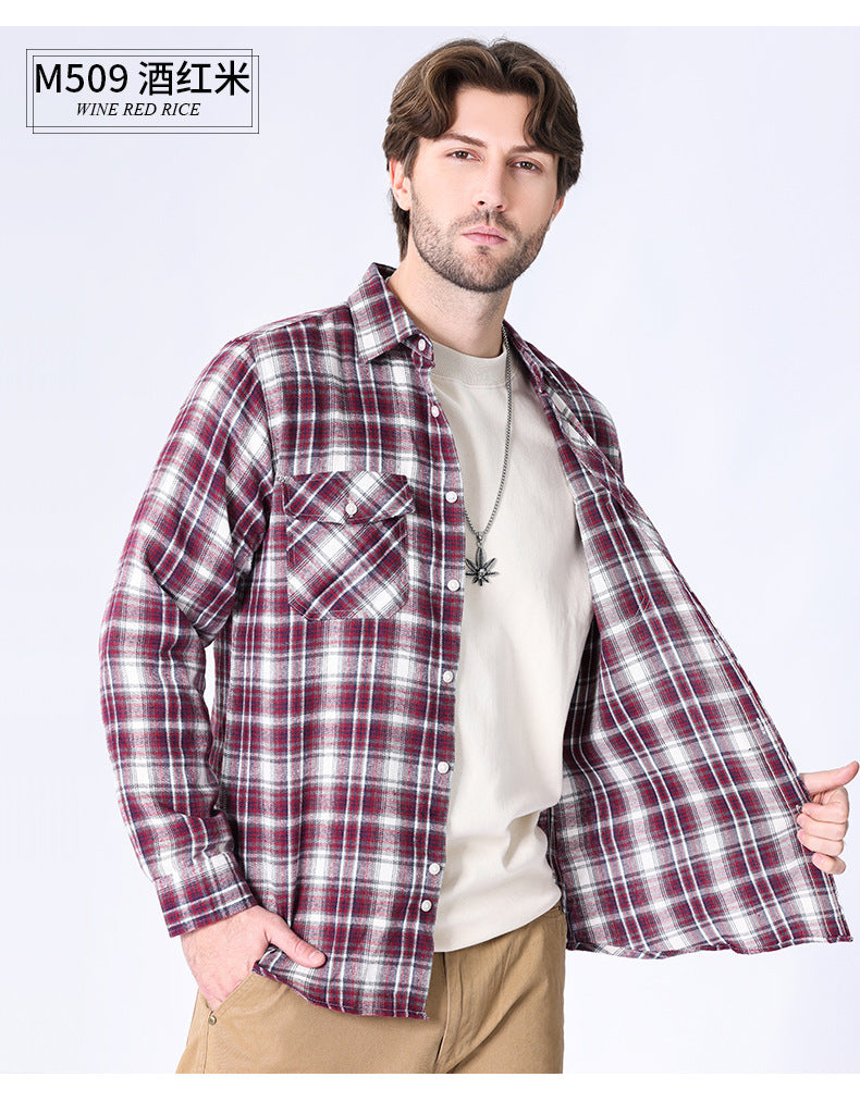 2026 Spring Cross-Border Trade American Retro Flannel Men's Long-Sleeve Brushed Plaid Shirt Men's Cool Jacket