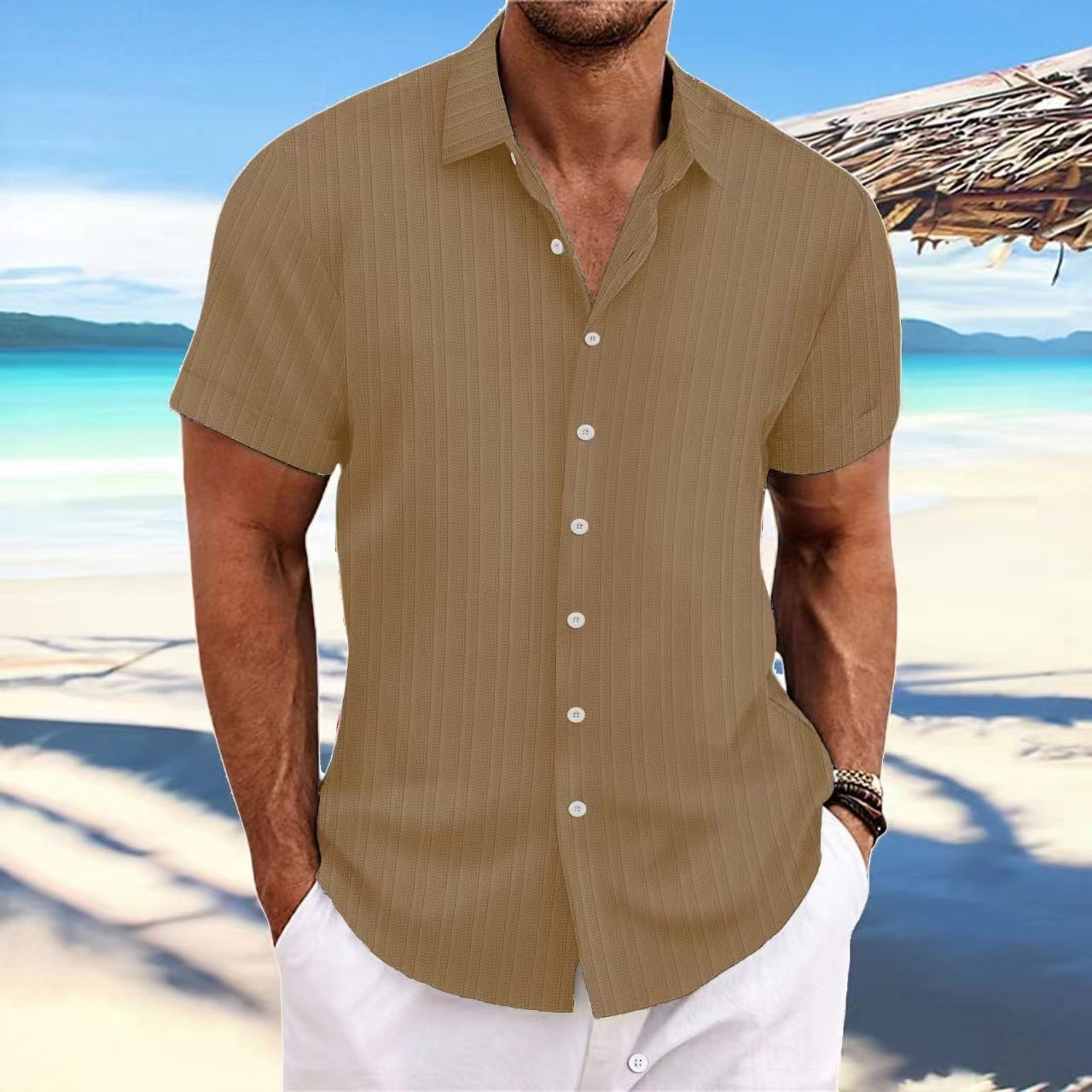 Foreign Trade Cross-border Explosions Amazon New Men's Cotton and Linen Striped Jacquard Sports Casual Loose Short-sleeved Shirt
