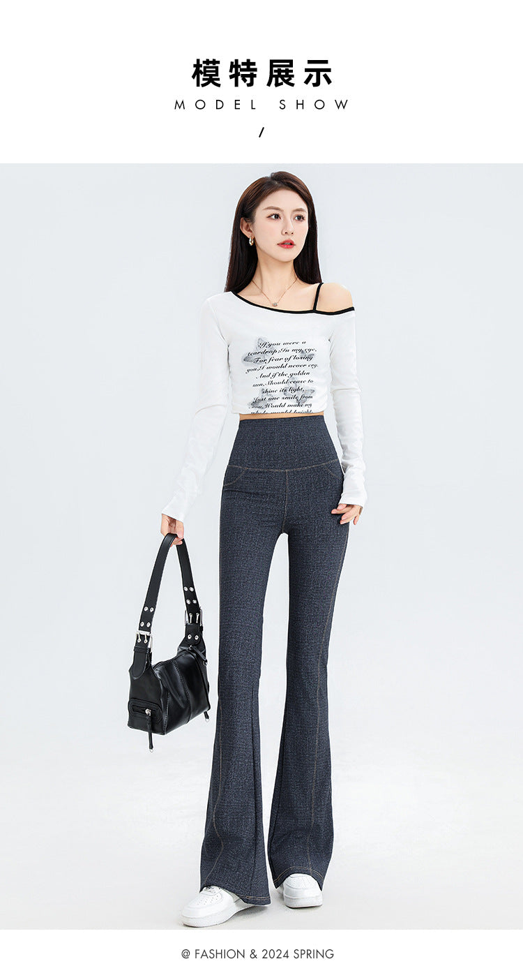 2024 New Imitation Denim Shark Pants Women's Outerwear Leggings Slightly Flared Pants Tummy Control Flared Pants Thin Yoga Pants