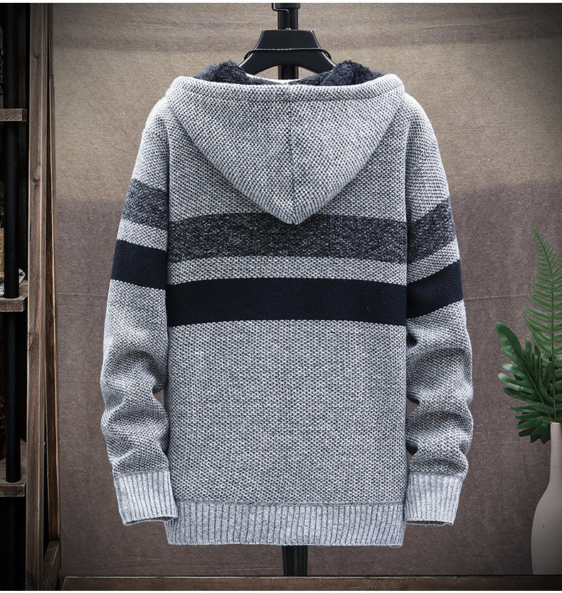 2026 Autumn and Winter New Men's Simple Knit Jacket European and American Style Solid Color Loose Fleece Hooded Cardigan Men's Fashion