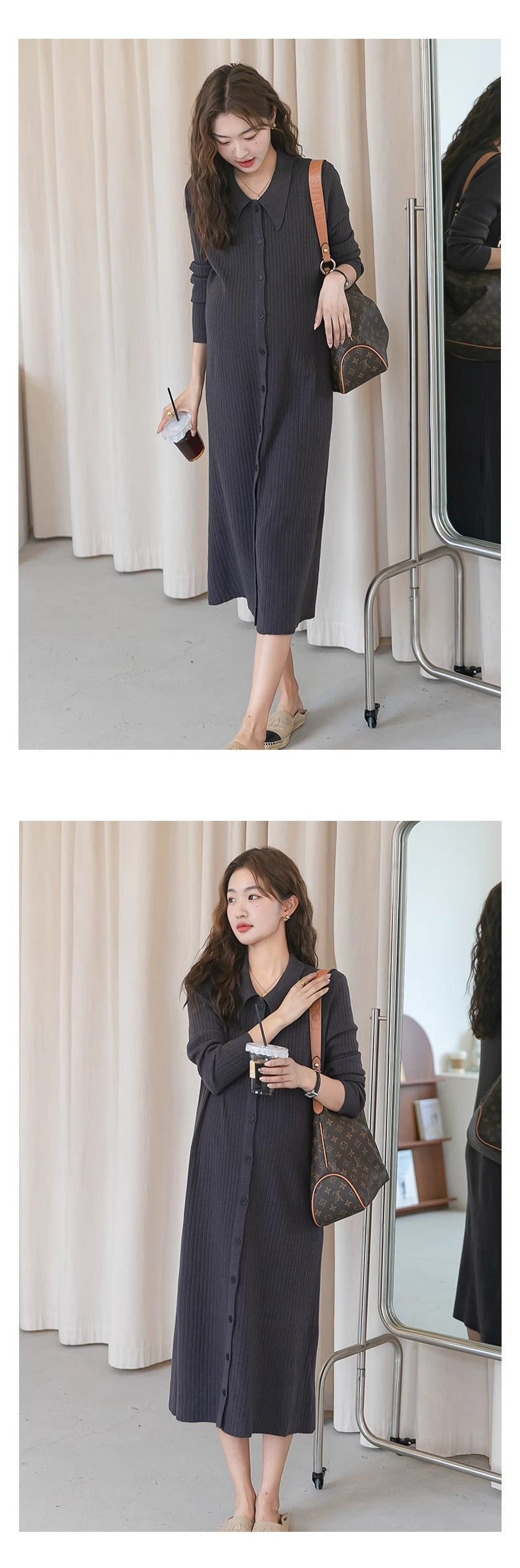 Pregnant women autumn dress 2024 new fashion French sweet doll collar knitted dress