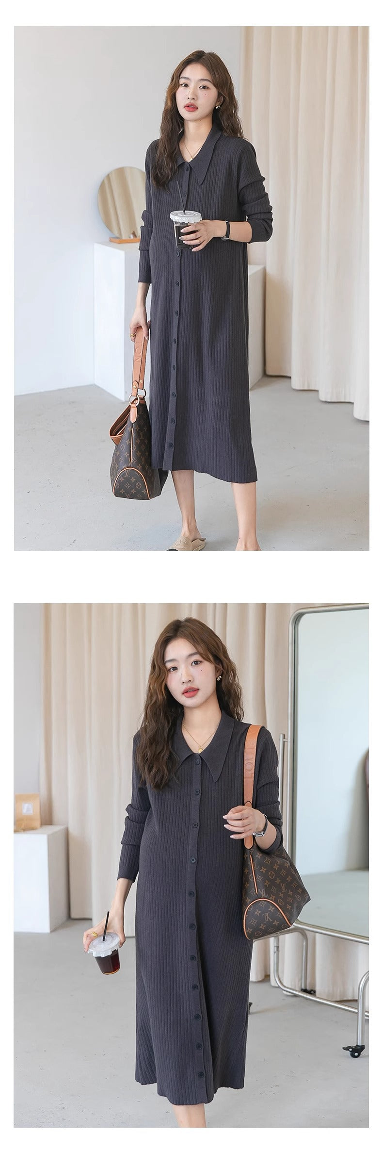 Pregnant women autumn dress 2024 new fashion French sweet doll collar knitted dress