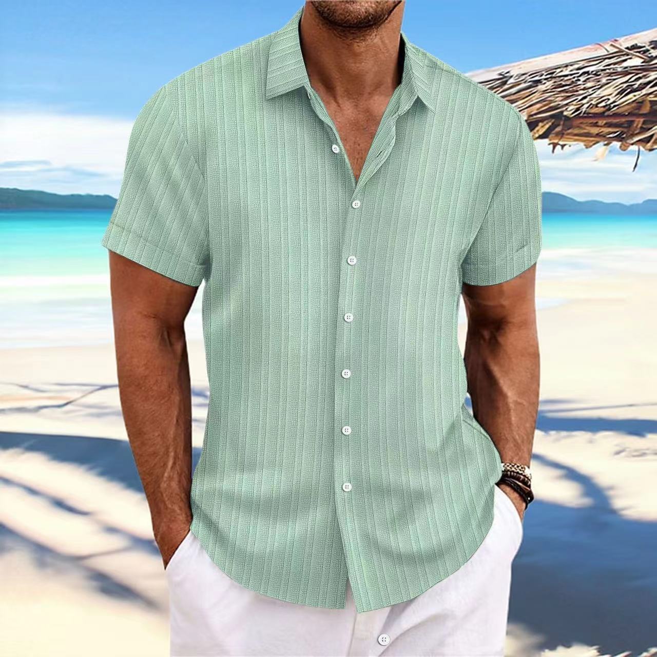 Foreign Trade Cross-border Explosions Amazon New Men's Cotton and Linen Striped Jacquard Sports Casual Loose Short-sleeved Shirt