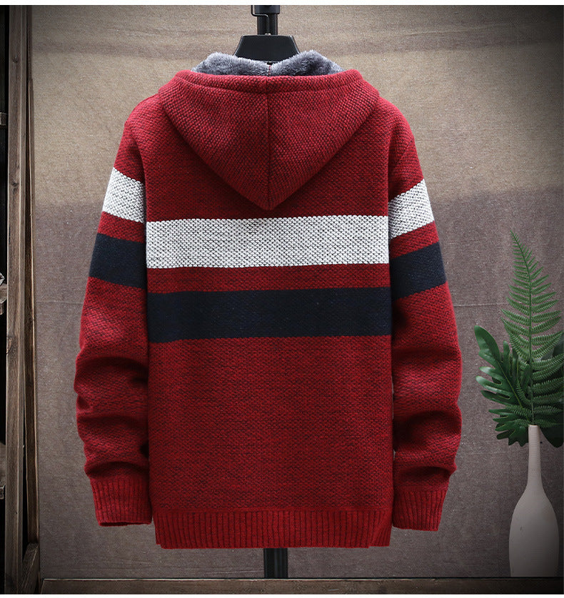 2026 Autumn and Winter New Men's Simple Knit Jacket European and American Style Solid Color Loose Fleece Hooded Cardigan Men's Fashion