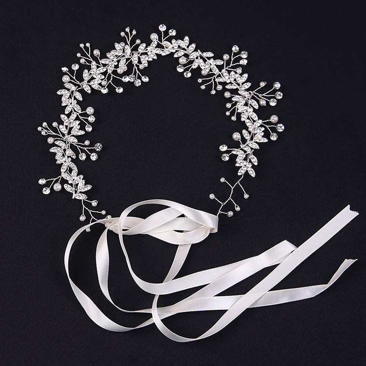 New Crystal Flower Headband Ribbon Bow Hairband for Bride Wedding Hair Accessories Pearl Head Flower Headbands Women Headwear