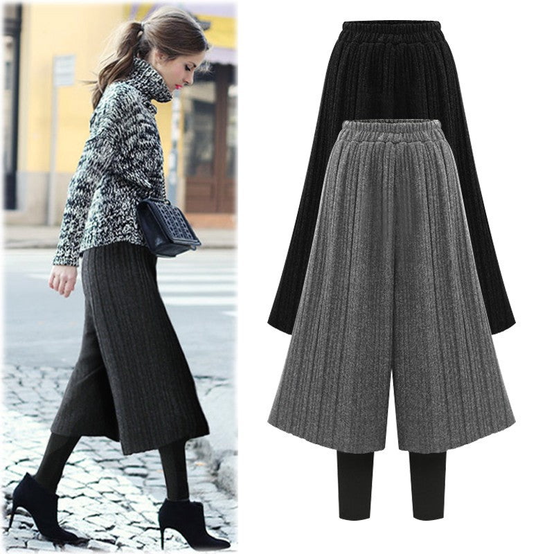 fleece-lined Thickened Leggings Women's Fake Two-piece Wide-leg Pants Winter New Korean-style Loose plus size Pants All-match Outer Wear