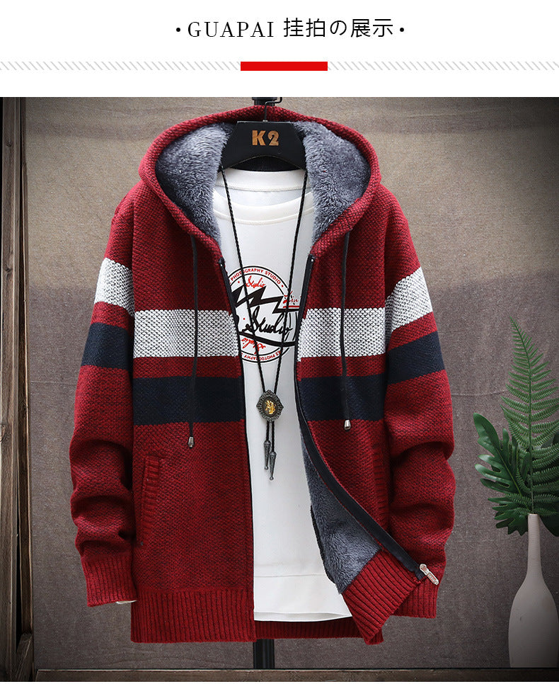 2026 Autumn and Winter New Men's Simple Knit Jacket European and American Style Solid Color Loose Fleece Hooded Cardigan Men's Fashion