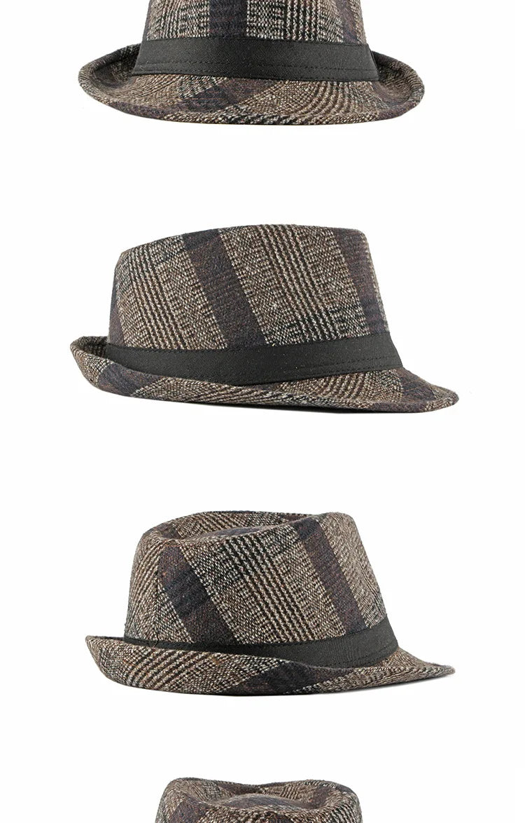 Spring Summer New Vintage Checked Top Hat Men's Middle-aged and Elderly Woolen Gentleman's Hat Jazz Hat