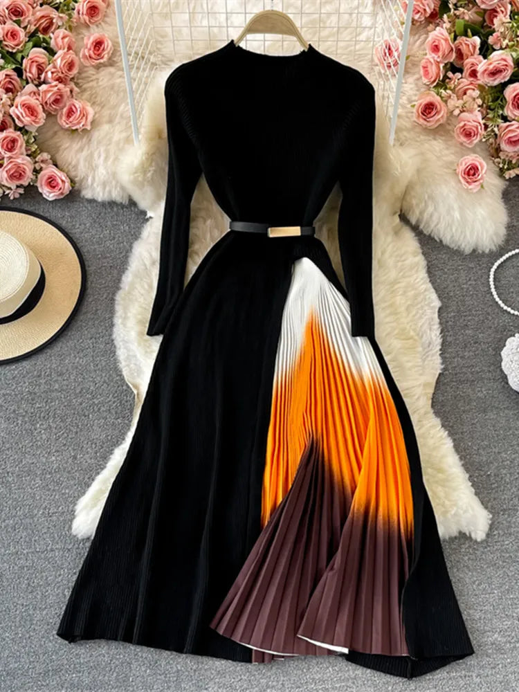Autumn Winter Women Gradient Color Patchwork Pleated Sweater Dress Elegant Long Sleeve Midi Knitted Party Vestidos With Belt