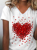 1PC Milk Silk European Style Women's Red Love Print V-neck T-shirt Blouse Short Sleeve