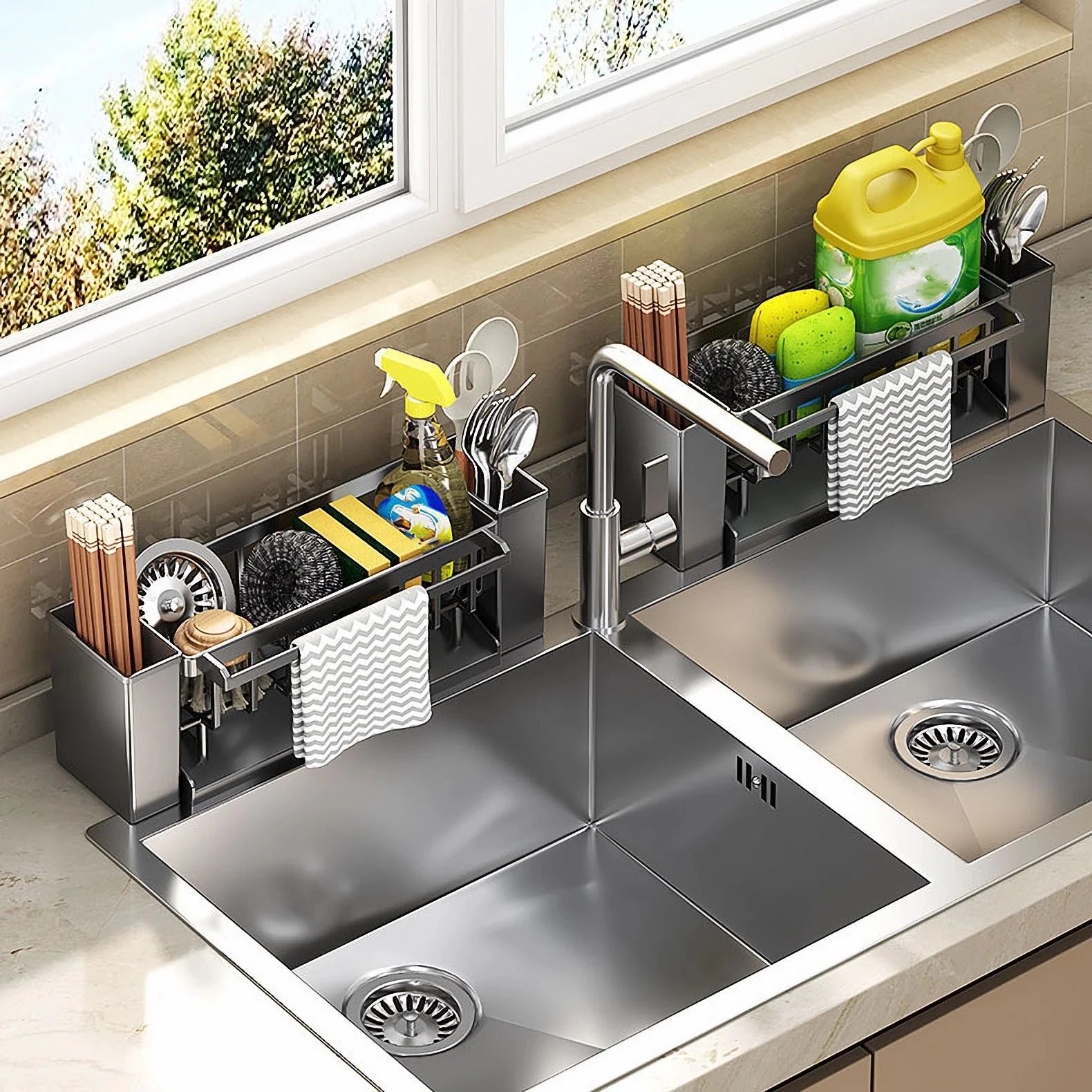 Kitchen Sink Organiser,Kitchen Sink Sponge Holder With Brush Holder,Rag Drain Rack,  Bathroom Organizer, Sink Faucet Sink Ra