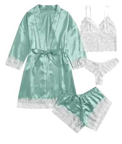 new Women's Sleep Lounge New Pajama Sets European American 4-piece set with lace satin suspender summer set for sleeping pajamas