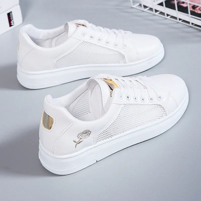 Fashion White Breathable Women Running Shoes 2023 Spring Autumn Embroidered Flower Lace-Up Casual Sneakers Zapatos De Mujer