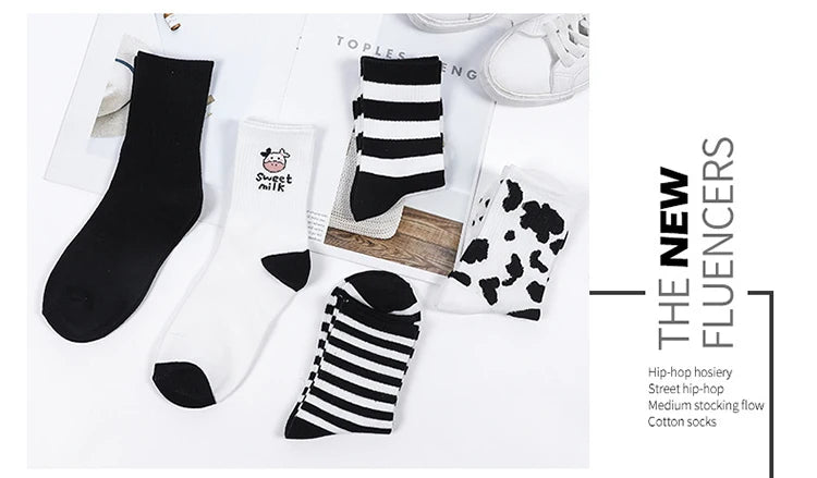 Cute Cow Print Socks for Women White Black Funny Cartoon Animals Sock Girls on Sale Fashion Casual Streetwear Skateboard