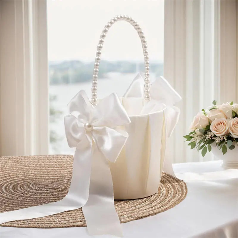 1-2pcs Pearl Handle Flower Basket Satin White Western Rustic Bowknot Wedding Basket Foldable Flower Basket For Floral Petals
