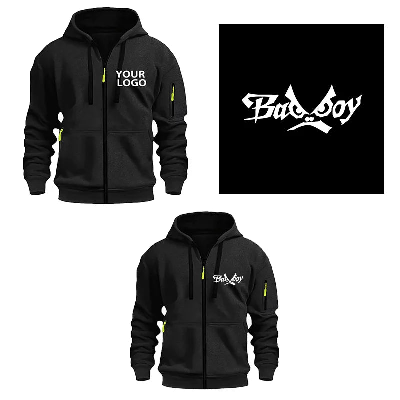 DIY Custom Logo Men's Casual Sports Hoodie Full-Zip Pocket Sweatshirt Fashion Arm Pocket Outdoor Long-Sleeve Pullover Hoodie