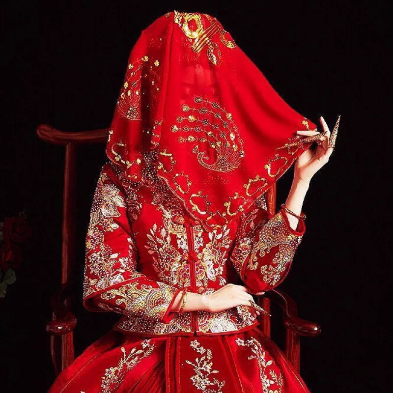 Bridal Headpiece Flower Main Dress Chinese Style Wedding Xiuhe Red Head Cover Semi-transparent Veil  Hijab Accessories  Retro