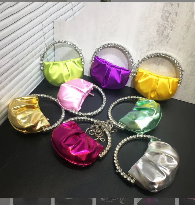 Lady Blue/Pink Diamond Circular Evening Bag Women Fushia Round Handle Rhinestone Dinner Clutch Purse Ladies Half Moon Handbags