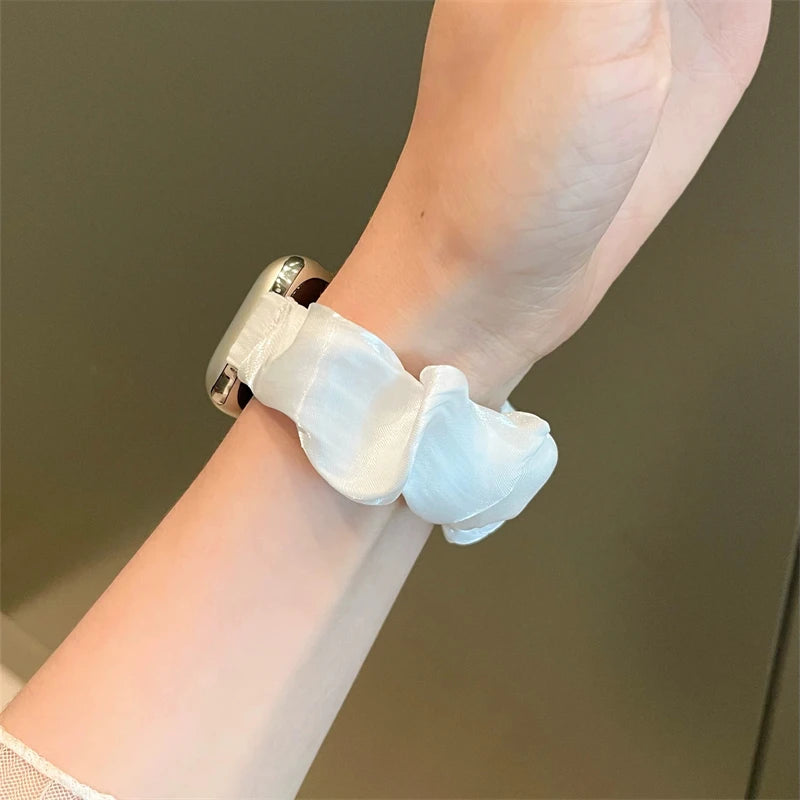 INS Chiffon Ice Silk Elastic Scrunchie Strap For Apple Watch 7 8 6 5 4 Slim Girl Band Loop Bracelet For iWatch 41mm 40 44 45 49