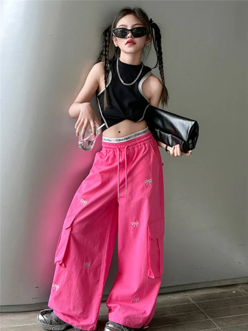 Stylish Loose-fit Cargo Pants Girls Summer Arrival Hip Hop Street Dance Trousers Teenage Streetwear Baggy Joggers Pants 5-14Y