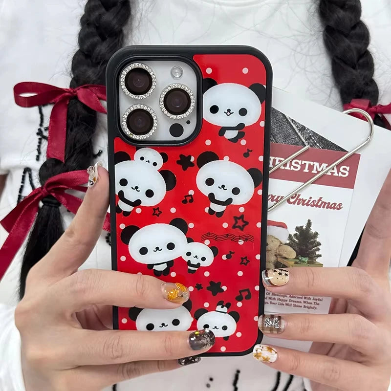 Kawaii Small Panda Star Polka Dot Cute Phone Case For iPhone 16 Pro Max 15 14 Plus 13 12 11 Pro Shockproof Silicone Back Cover