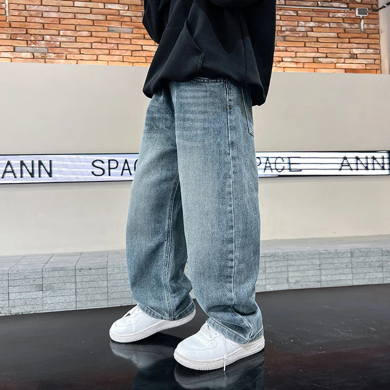 Boys Jeans Pants Spring Kids Wide Leg Straight Trousers Autumn Loose-Fit Casual Trousers Children's Trendy Sweatpants Pant 5-14Y