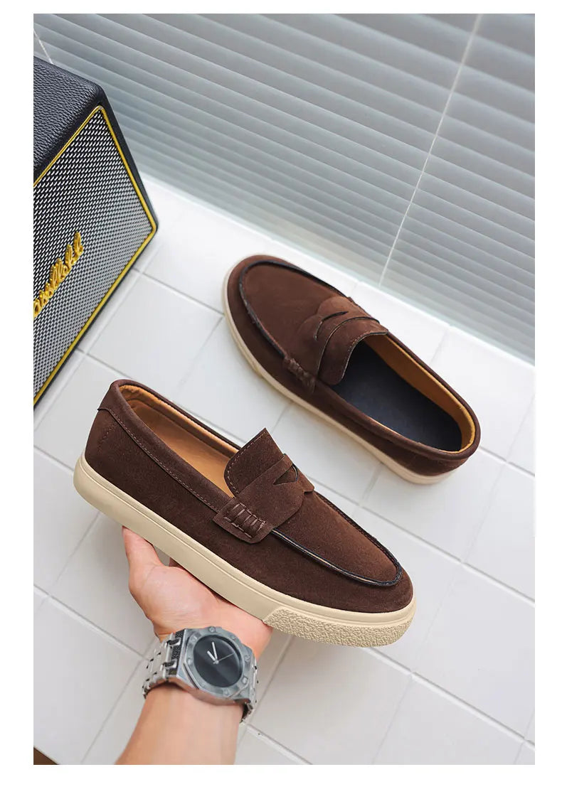 New Suede Leather Mens Loafers Cowhide Slip On Flats Handmade Casual Shoes Leisure Walk Moccasins Outdoor Business