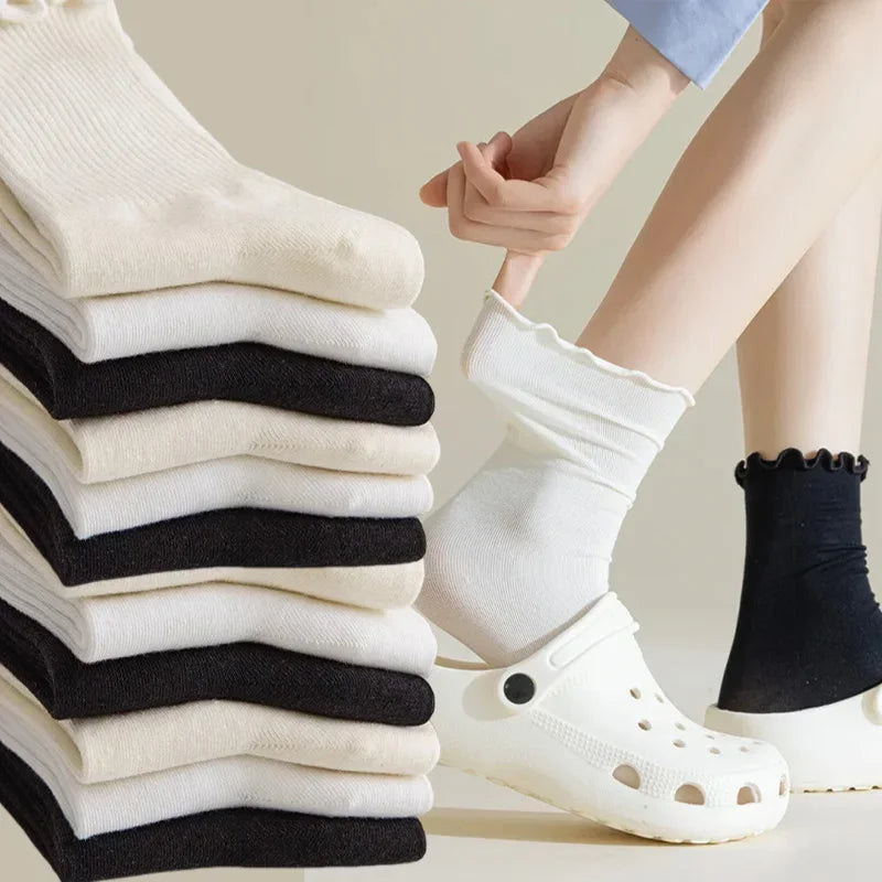 Fashion New Ruffle Socks for Women Mid Crew Middles Tube Ankle High Breathable Cotton Socks Black White Beige Female Cute Sock
