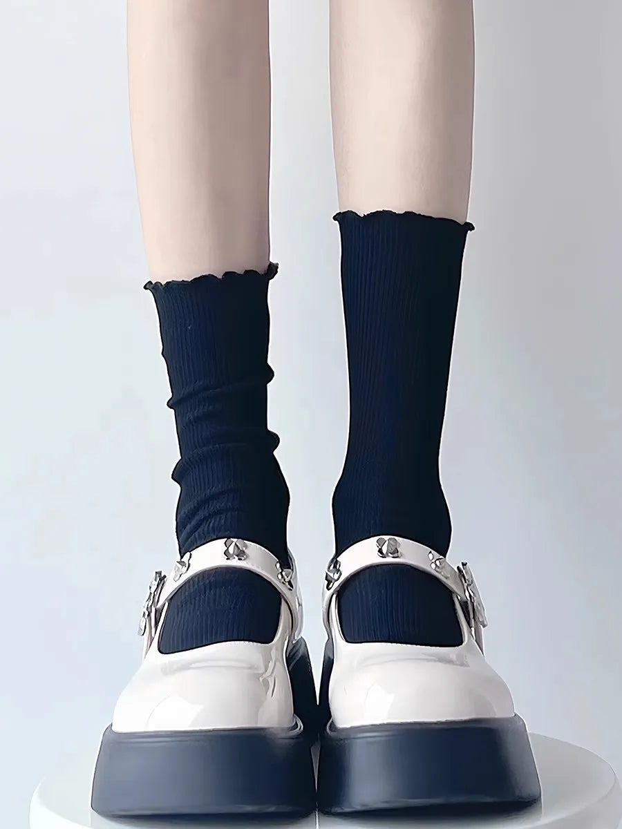 Fashion New Ruffle Socks for Women Mid Crew Middles Tube Ankle High Breathable Cotton Socks Black White Beige Female Cute Sock