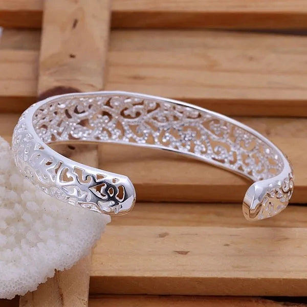 925 Sterling Silver Open Bangle Bracelet for Women Lady Girl Cute Favorite Gift Retro Charm Exquisite Circular Fashion Jewelry