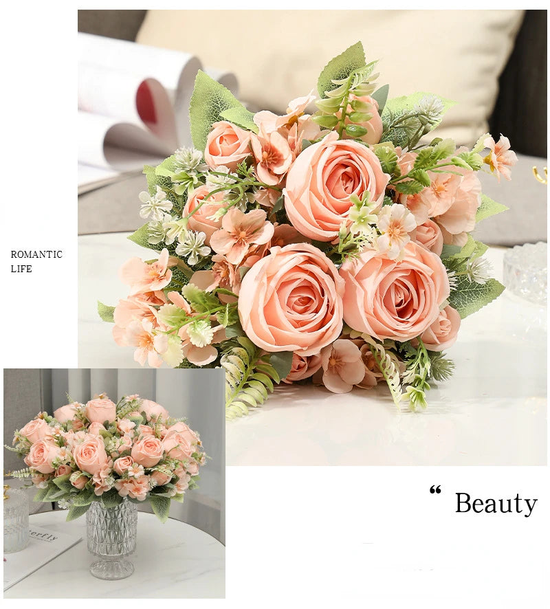 Artificial Flowers Silk Roses Bouquet Home Decor Simulation Flower Kimberley Rose Bud Hydrangea Living Room Decorative Florist