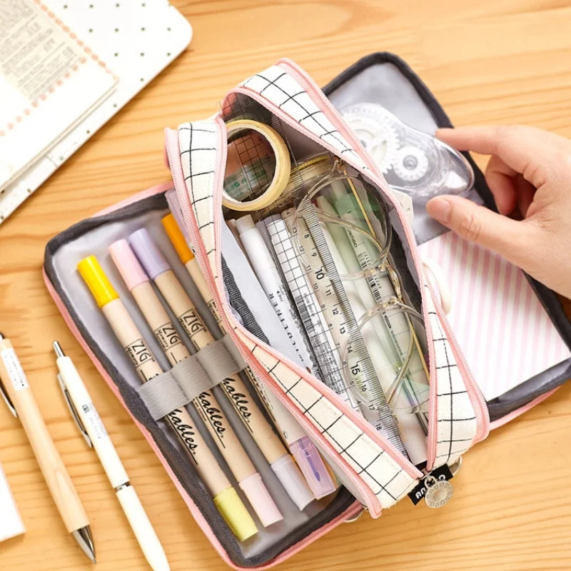 Kawaii Large Capacity Pencil Case 3 Compartment Pouch Pen Bag Double Side Opening Students Stationery Organizer School Supplies