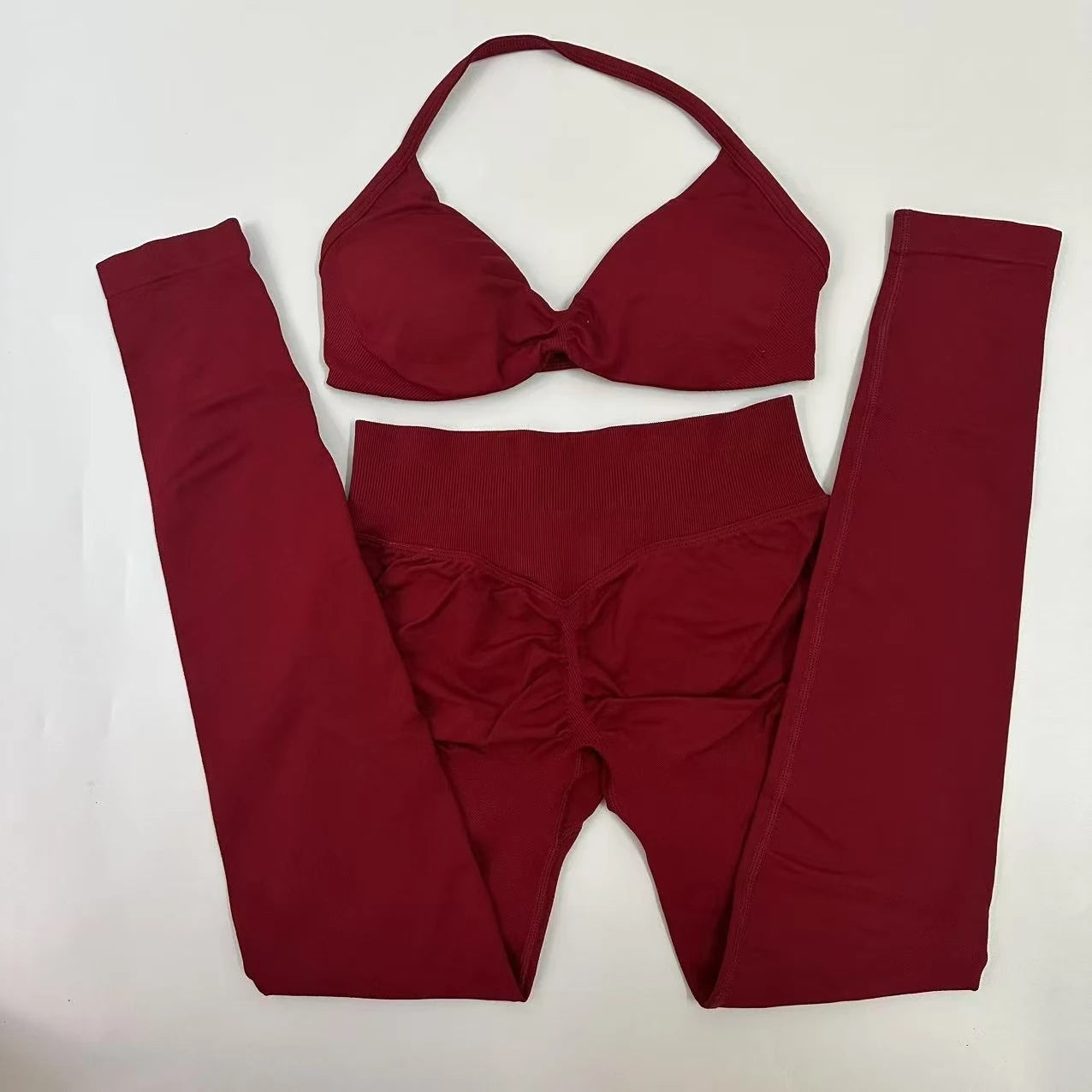 Seamlessyoga Set Women Workout Scrunch Leggings Set Strappy Halter Sports Bra Fitness Gym Clothing Workout Set 2 Pieces