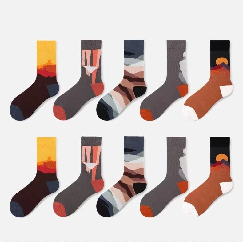 Colorful Funny Cotton Men Crew Socks Hip Hop Novelty Painting Style Skate Street Designer Harajuku Gift Happy Black Yellow Cool