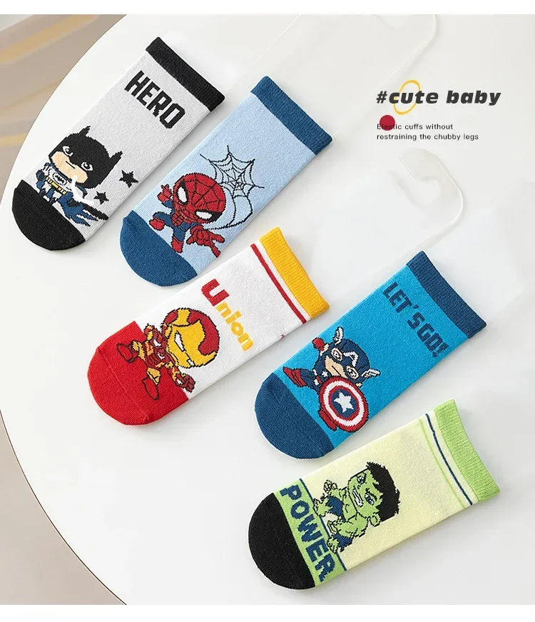 5 Pairs Spiderman Cotton Children's Socks iron Man Hulk Thor Anime kids Boys Short Socks Cartoon Baby Spring Summer Short Socks