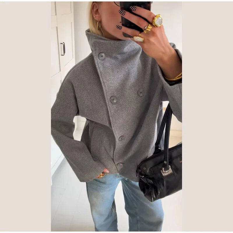 Elegant Women's Short Woolen Coats Stand Collar Double Breasted Long Sleeve Female Jacket 2025 Autumn Winter Lady Warm Outwear