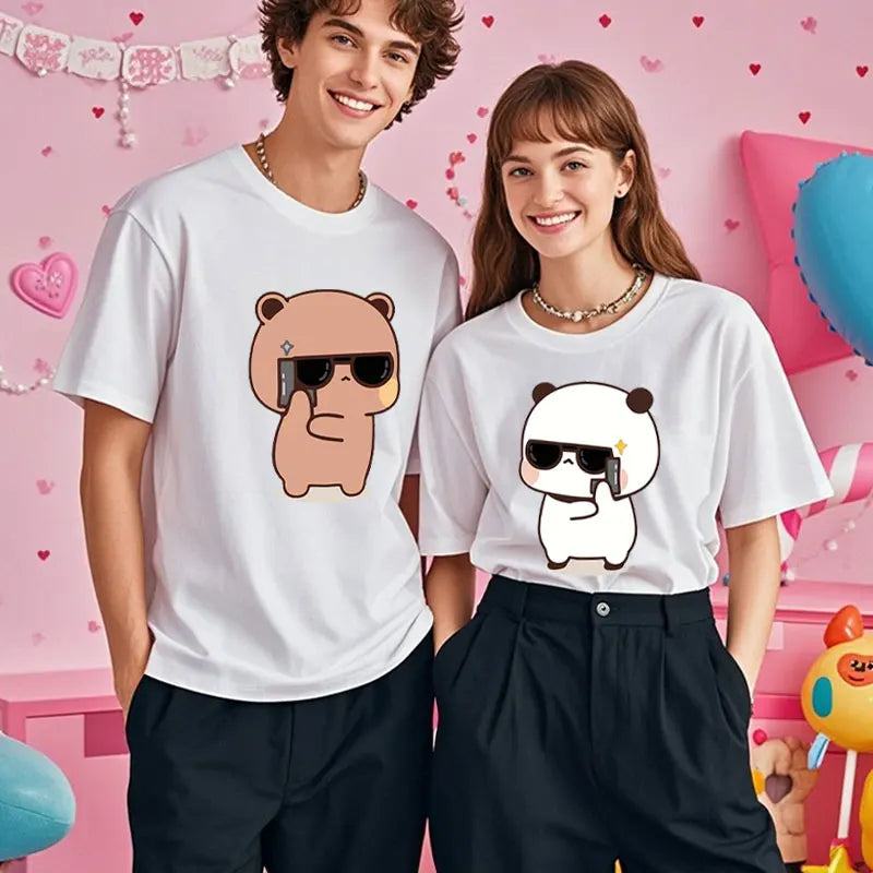 Kawaii Bubu Dudu Couple Shirt Bear Panda Are Spy Love Things Couple Do Tshirt Cute Matching Cotton T-shirt Man Woman Casual Tees