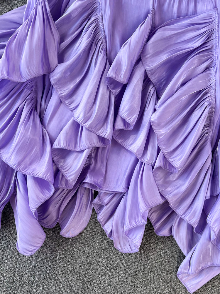 Women Spring Autumn Blouse New European American Vintage Round Neck Ruffle Loose Long Sleeved Foreign Style Irregular Top D2338