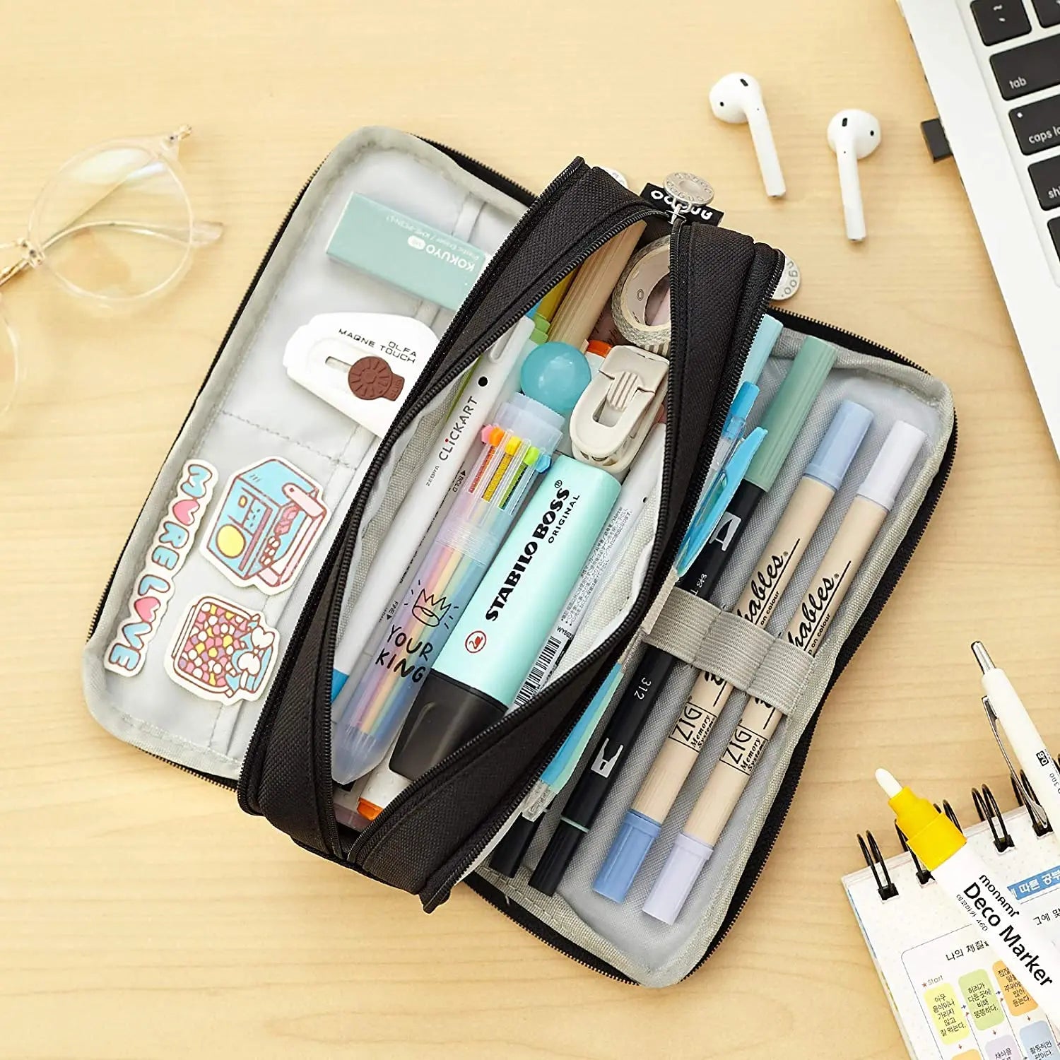 Kawaii Large Capacity Pencil Case 3 Compartment Pouch Pen Bag Double Side Opening Students Stationery Organizer School Supplies