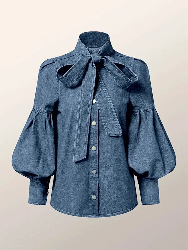 Beautyblue Elegant Women's Imitation Denim Blouse Tops Spring 2025 New Fashion Puff Sleeves Bow-Embellished Female Shirts S-3XL