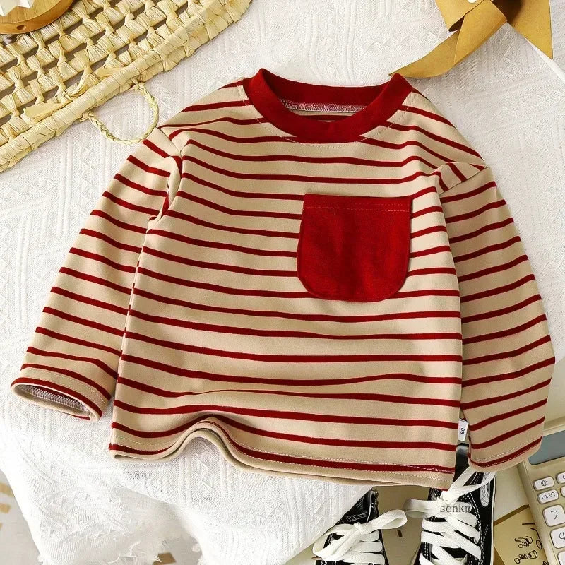 baby Striped Tshirt Boys Girls New Casual Loose Tees New Design Long Sleeve Solid Color Tops Keep Warm in Autumn and Winter