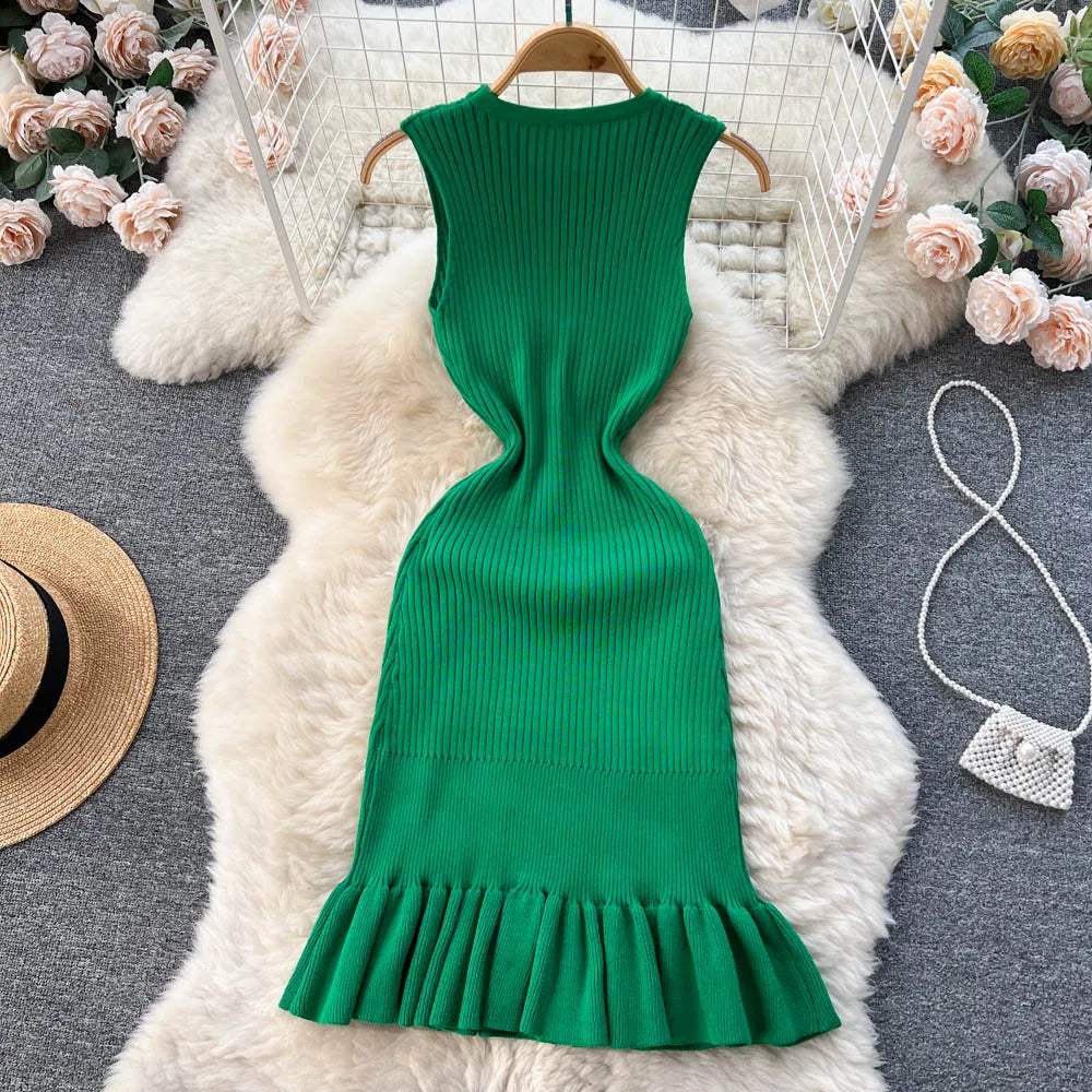 2025 Early Autumn Sexy Package Hips Ruffles Mini Dress Summer Fashion Y2K Knitted Bodycon Ladies Dress Korean Party Vestidos