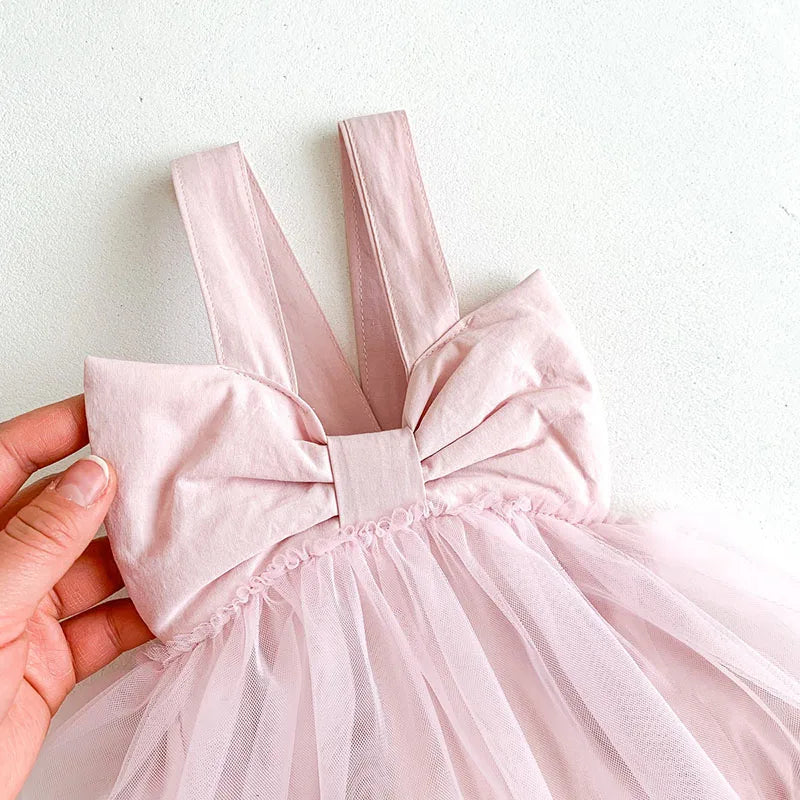 2024 New Summer Baby Tutu Dress Big Bow Birthday Clothes for Newborn Toddler Suspenders Gauze Bodysuit for Girls